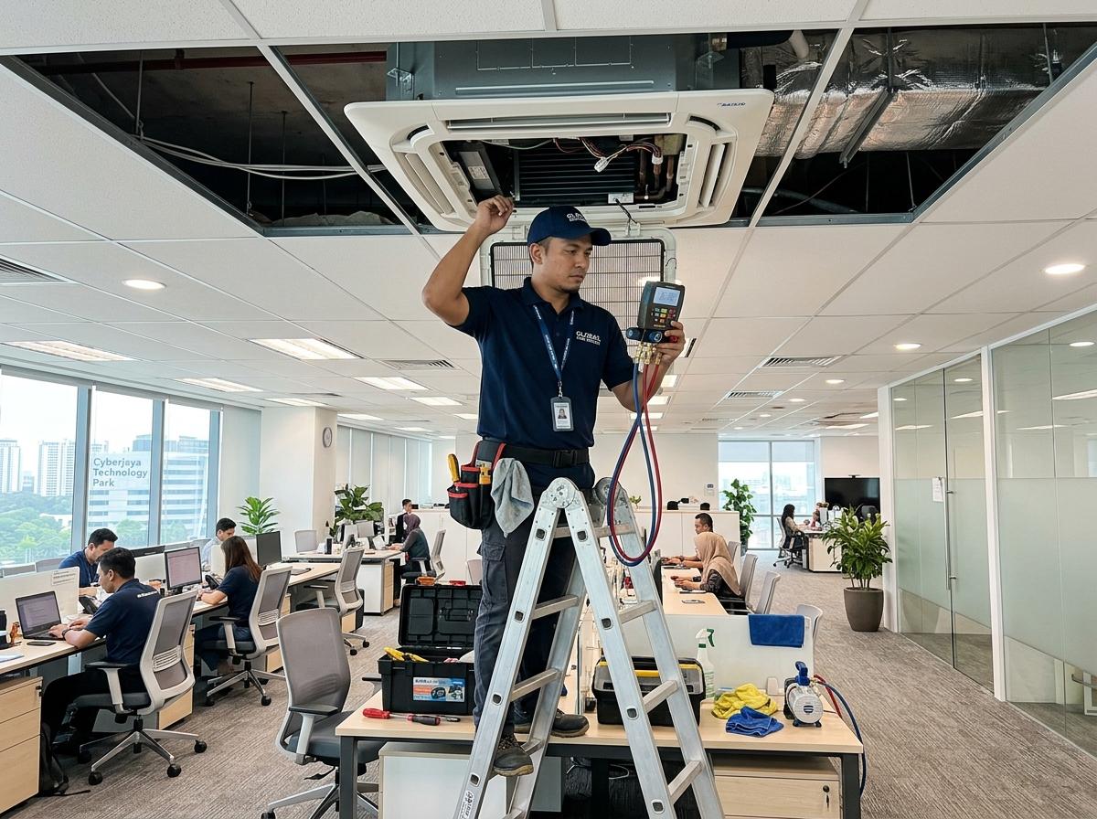 Eng Heng Aircond technician servicing a 4-way ceiling cassette in a Klang corporate tech office