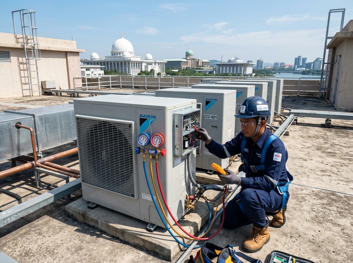 Eng Heng Aircond certified technician checking commercial rooftop aircon condenser fleet in Klang